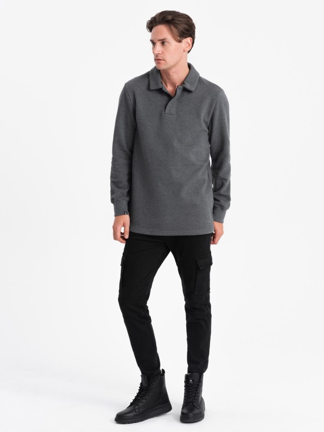 Bluza męska z kołnierzykiem polo ze strukturalnej dzianiny - grafitowy melanż V1 OM-SSNZ-0149 - XXL