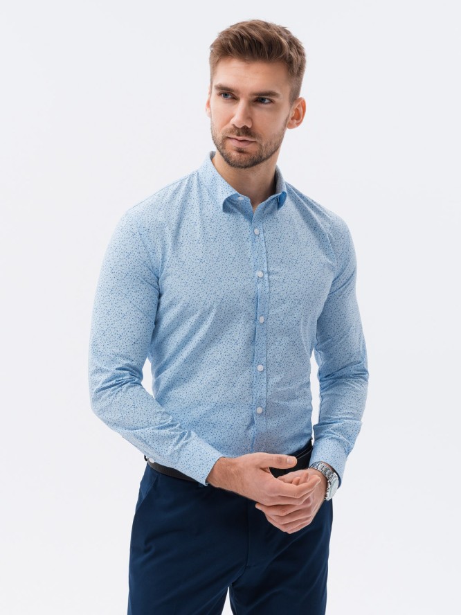 Koszula męska z długim rękawem w mikro wzór - błękitna V3 K634 - XXL
