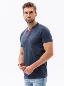 T-shirt męski bez nadruku z guzikami - granatowy V5 S1390 - XXL