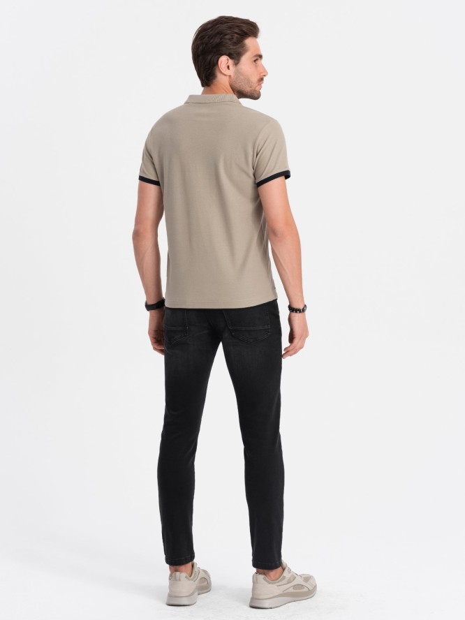 Bawełniana koszulka męska polo z kontrastowymi wykończeniami – ciemnobeżowa V5 OM-POSS-0113 - L