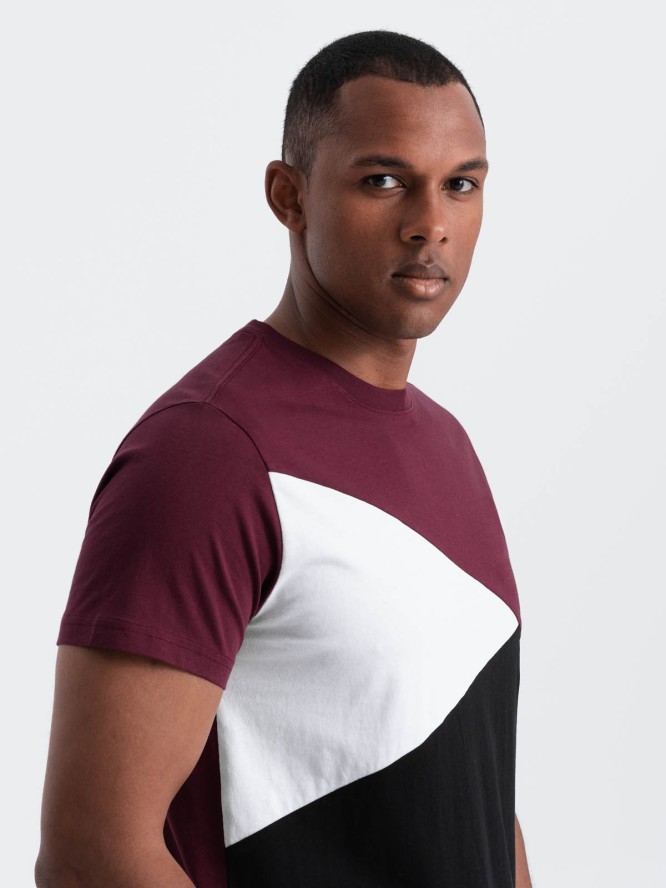 Męski t-shirt trójkolorowy bawełniany - bordowo-czarny V5 OM-TSCT-0174 - XXL