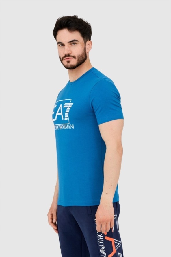 EA7 Niebieski męski t-shirt z dużym logo