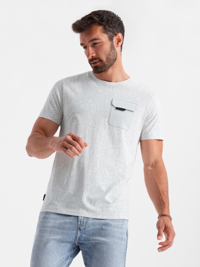 Bawełniany męski t-shirt z literowym printem i kieszonką – biało-szary V3 OM-TSFP-0188 - XXL