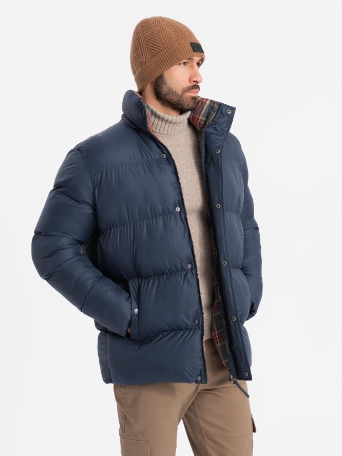 Kurtka męska puffer z podszewką w kratę – granatowa V1 OM-JAHP-0205 - XXL