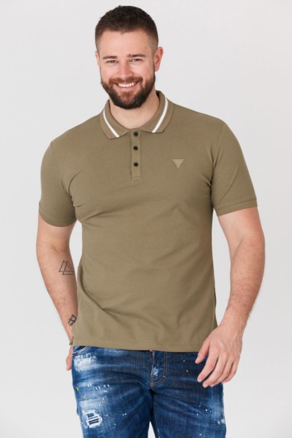 GUESS Khaki koszulka polo z paskiem na kołnierzyku