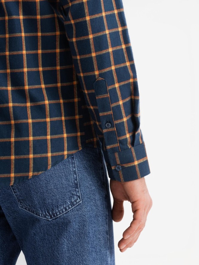 Męska flanelowa koszula w kratę SLIM FIT - granatowo-pomarańczowa V1 OM-SHCS-0145 - XXL