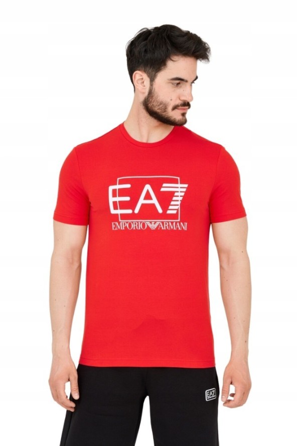 EA7 Czerwony męski t-shirt z dużym białym logo