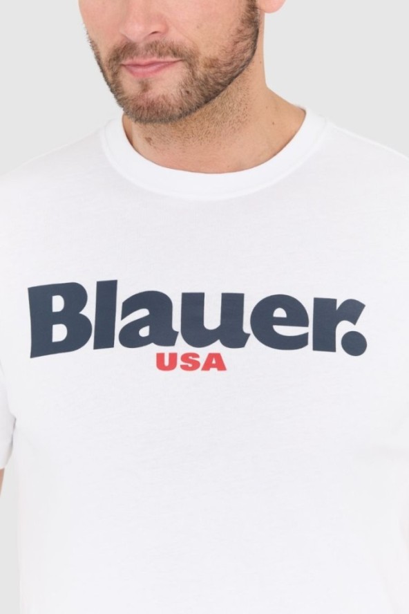 BLAUER Biały męski t-shirt z dużym logo