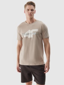 T-shirt regular z nadrukiem męski - beżowy