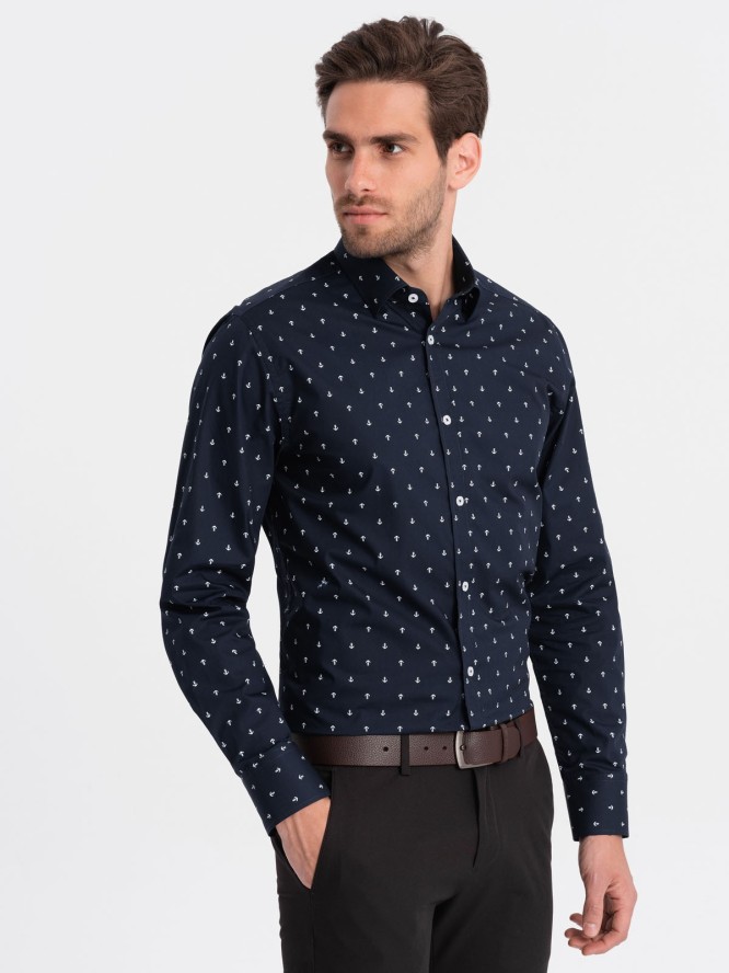 Klasyczna męska bawełniana koszula SLIM FIT w kotwice - granatowa V2 OM-SHCS-0156 - L