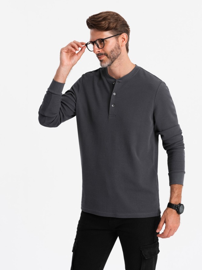 Męski longsleeve zapinany pod szyją z dzianiny waflowej – grafitowy V3 OM-LSCL-0120 - XXL