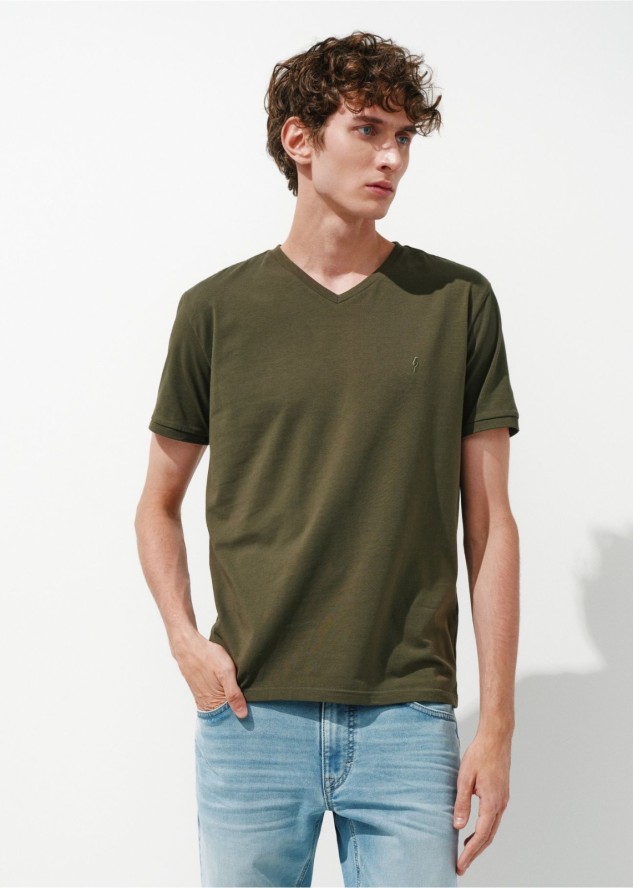 Khaki basic T-shirt męski z logo