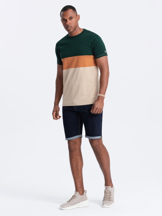T-shirt męski trójkolorowy w szerokie pasy - zielono-beżowy V4 OM-TSCT-0152 - XXL