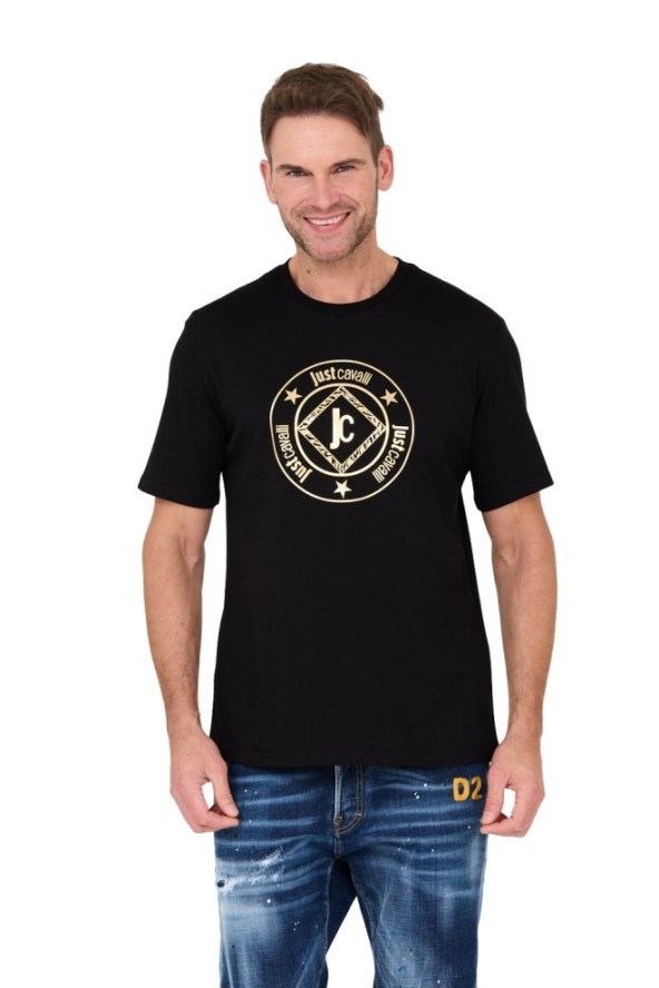 JUST CAVALLI Czarny t-shirt Fiche Gold