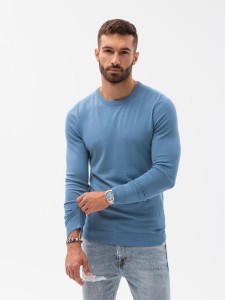 Sweter męski klasyczny z wiskozą BASIC z okrągłym dekoltem – błękitny V10 OM-SWBS-0106 - XXL