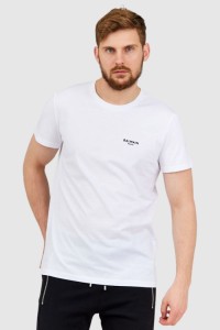 BALMAIN Biały t-shirt męski z małym aksamitnym logo
