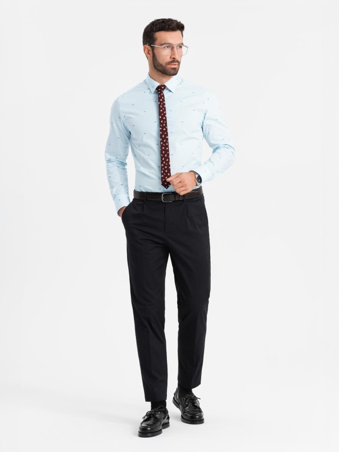 Klasyczna męska bawełniana koszula SLIM FIT w rybki - błękitna V4 OM-SHCS-0156 - XXL