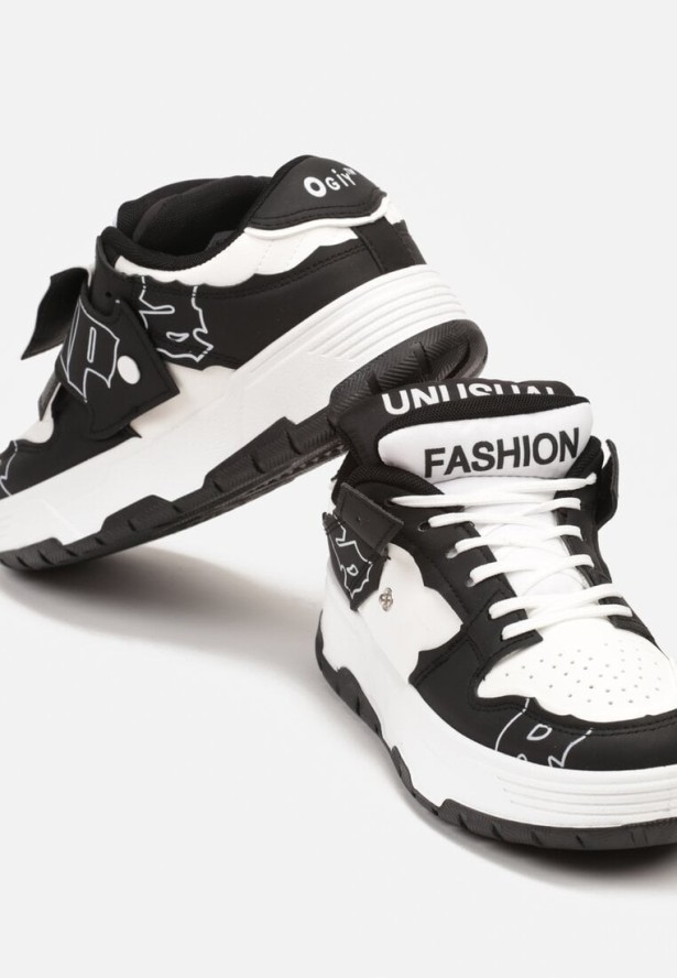 Czarno-Białe Płaskie Sznurowane Buty Sportowe z Odpinanym Paskiem Kriefra