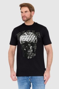 PHILIPP PLEIN Czarny t-shirt zdobiony dżetami z czaszką i logo