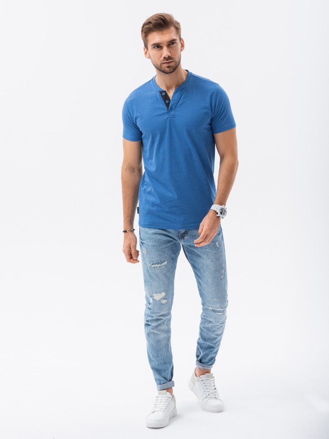 T-shirt męski bez nadruku z guzikami - niebieski melanż V2 S1390 - L