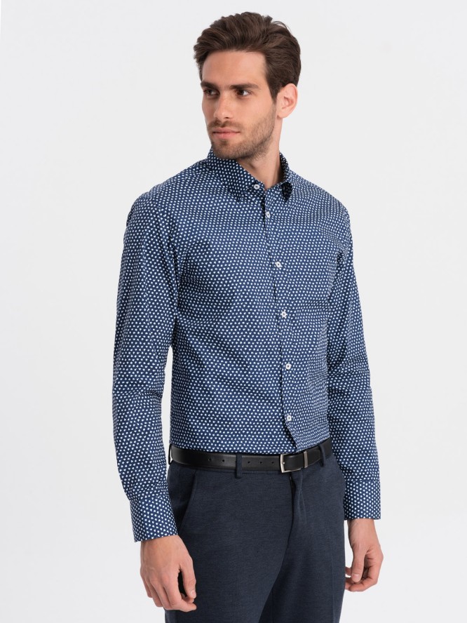 Męska koszula w drobny wzór SLIM FIT - granatowa V1 OM-SHCS-0140 - XXL