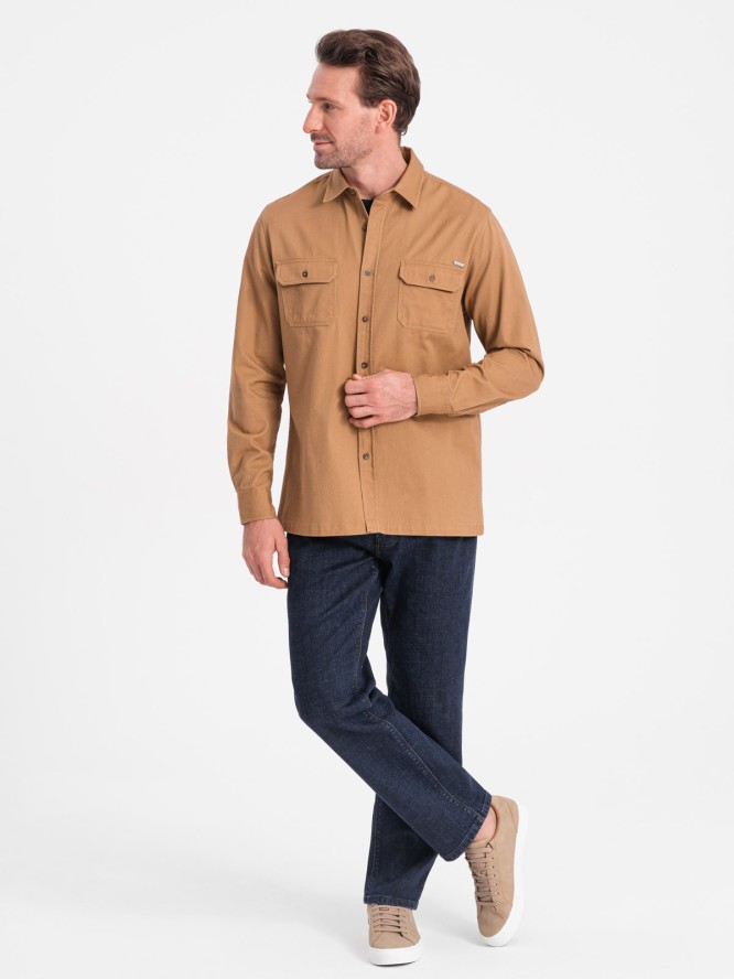 Męska bawełniana koszula REGULAR FIT z kieszeniami zapinanymi na guziki - camel V2 OM-SHCS-0146 - XXL