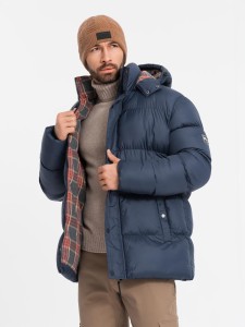 Kurtka męska puffer z podszewką w kratę – granatowa V1 OM-JAHP-0205 - XXL