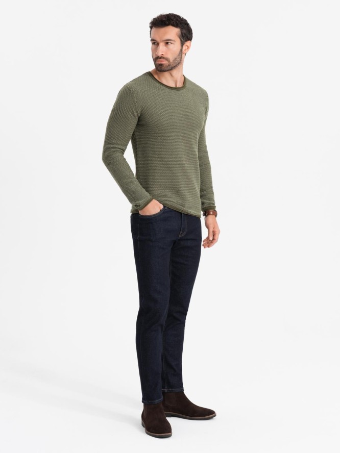 Dzianinowy męski sweter w strukturalne kropki – oliwkowy V2 OM-SWSW-0118 - XXL
