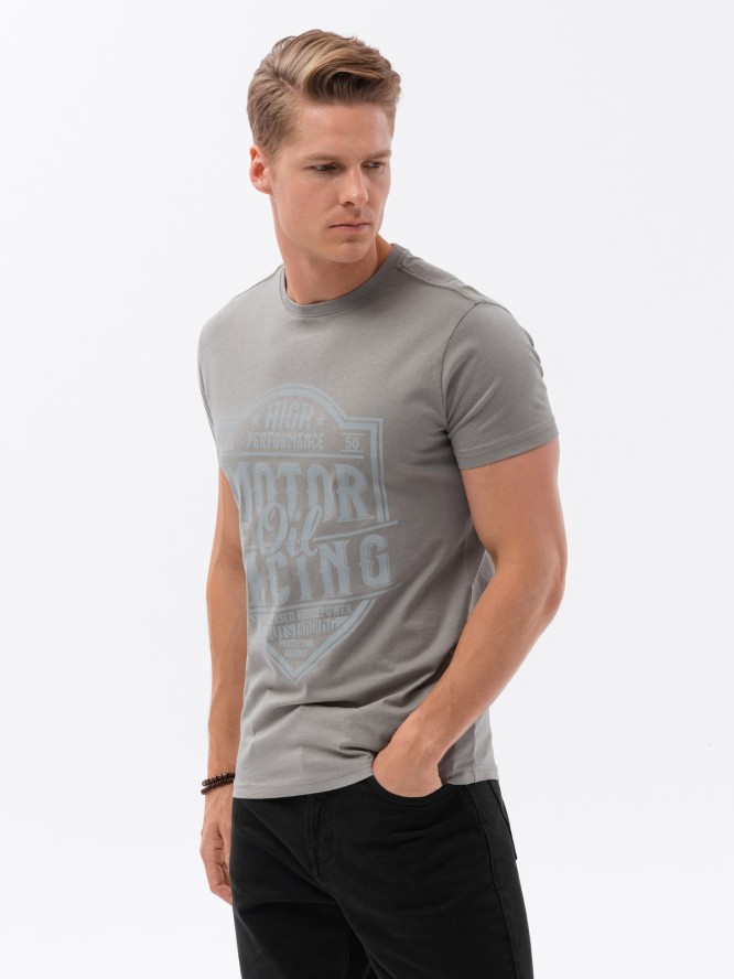 T-shirt męski bawełniany z nadrukiem - jasnobrązowy V3 S1735 - XXL
