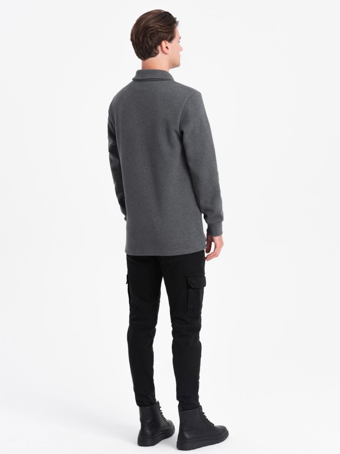 Bluza męska z kołnierzykiem polo ze strukturalnej dzianiny - grafitowy melanż V1 OM-SSNZ-0149 - XXL