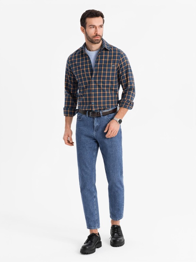 Męska flanelowa koszula w kratę SLIM FIT - granatowo-pomarańczowa V1 OM-SHCS-0145 - XXL