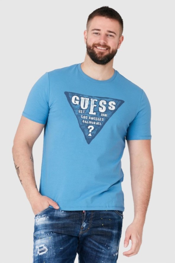 GUESS Niebieski t-shirt męski z dużym logo