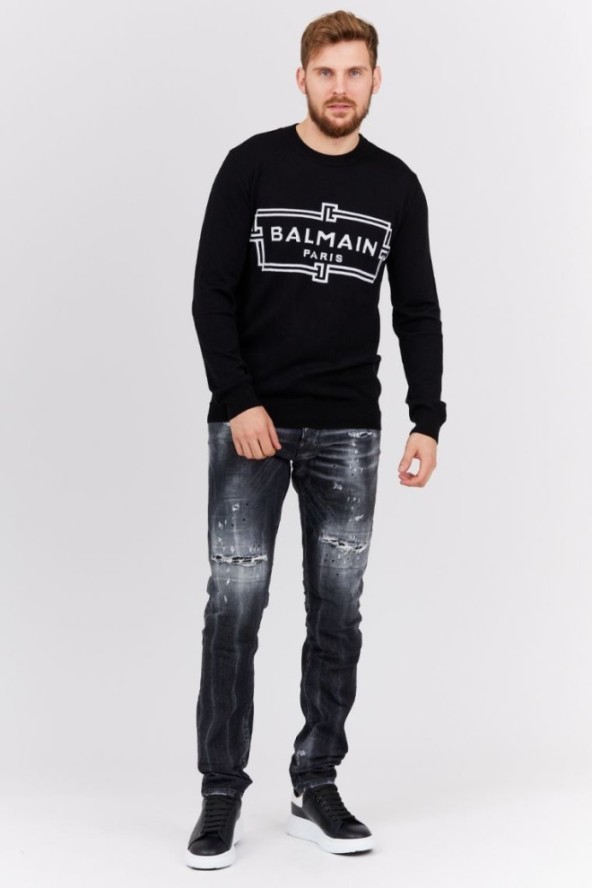 BALMAIN Czarny sweter męski z wełny merino