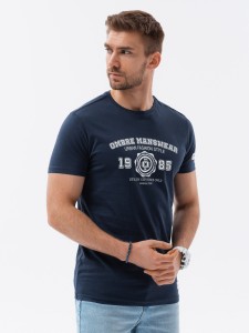 T-shirt męski bawełniany z nadrukiem - granatowy V3 S1748 - M