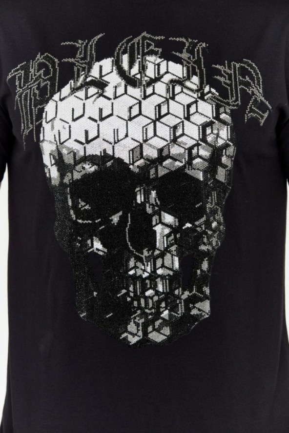 PHILIPP PLEIN Czarny t-shirt zdobiony dżetami z czaszką i logo