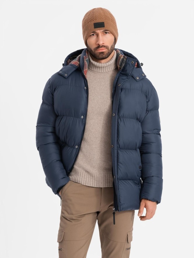 Kurtka męska puffer z podszewką w kratę – granatowa V1 OM-JAHP-0205 - XXL