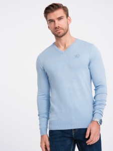 Elegancki męski sweter V-neck BASIC z wiskozą –jasnoniebieski V10 OM-SWBS-0107 - XXL