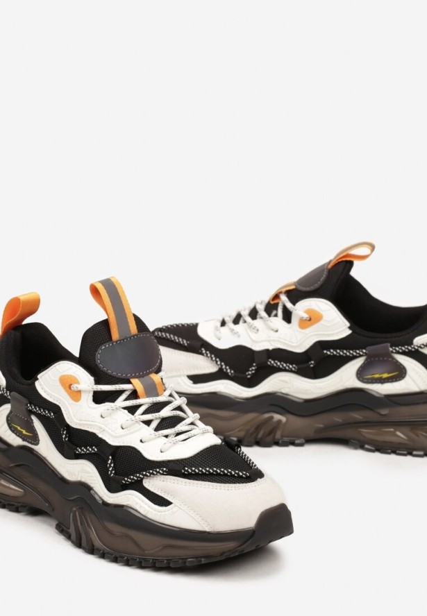 Czarno-Białe Buty Sportowe Sneakersy na Grubej Podeszwie z Geometrycznym Wzorem Moveirae