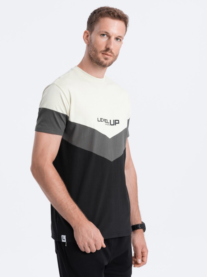 T-shirt męski bawełniany trójkolorowy z logo - czarno-grafitowy V2 S1747 - XXL