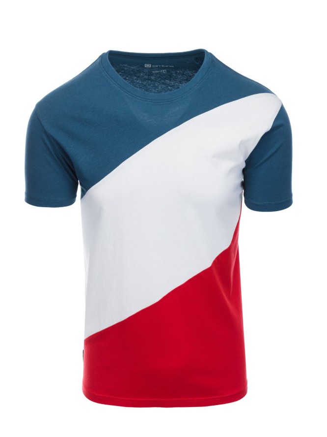 T-shirt męski bawełniany trzykolorowy - niebiesko/czerwony V6 S1627 - XL