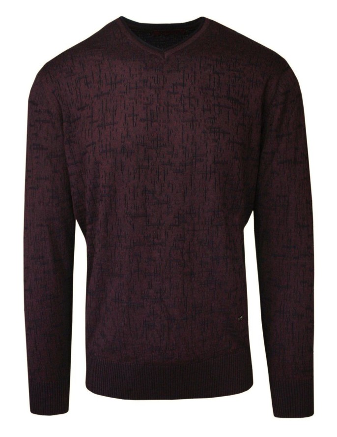 Sweter Bordowy w Serek, Wzór Geometryczny, V-neck, Męski -TRIKKO