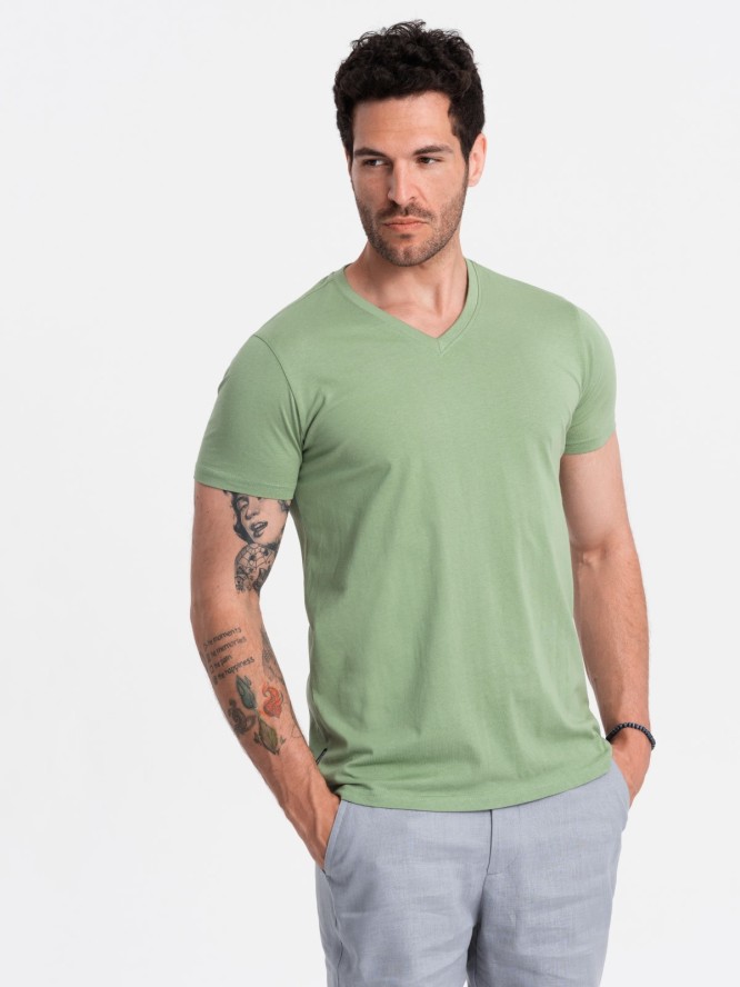 Bawełniana klasyczna męska koszulka z dekoltem w serek BASIC – zielona V11 OM-TSBS-0145 - XXL