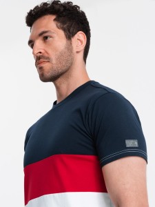 T-shirt męski trójkolorowy w szerokie pasy - granatowo-biały V1 OM-TSCT-0152 - XXL