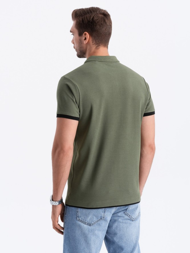 Męska bawełniana koszulka polo z kontrastowymi wykończeniami – oliwkowa V6 OM-POSS-0113 - XXL