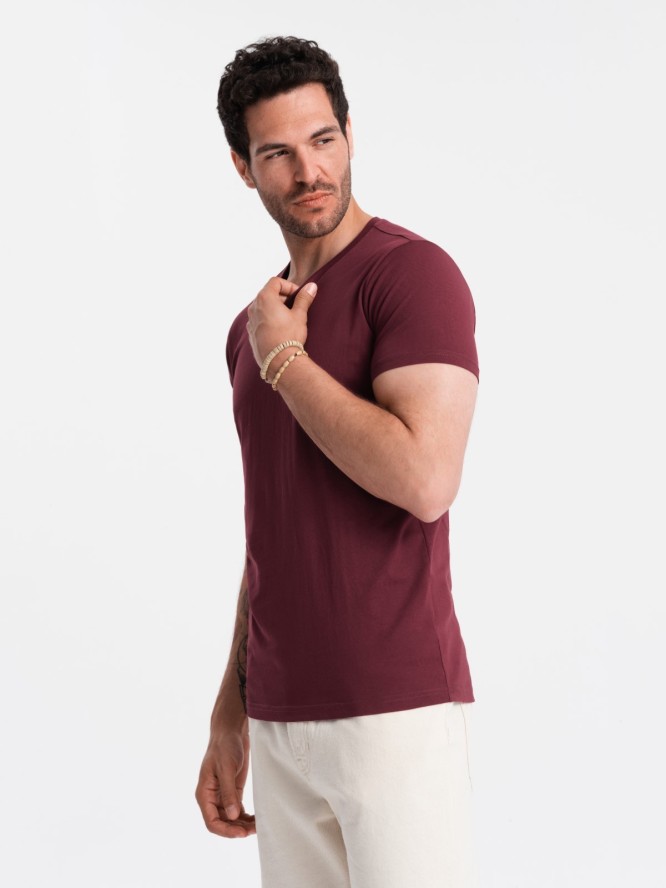 Bawełniana klasyczna męska koszulka z dekoltem w serek BASIC – bordowa V10 OM-TSBS-0145 - XXL