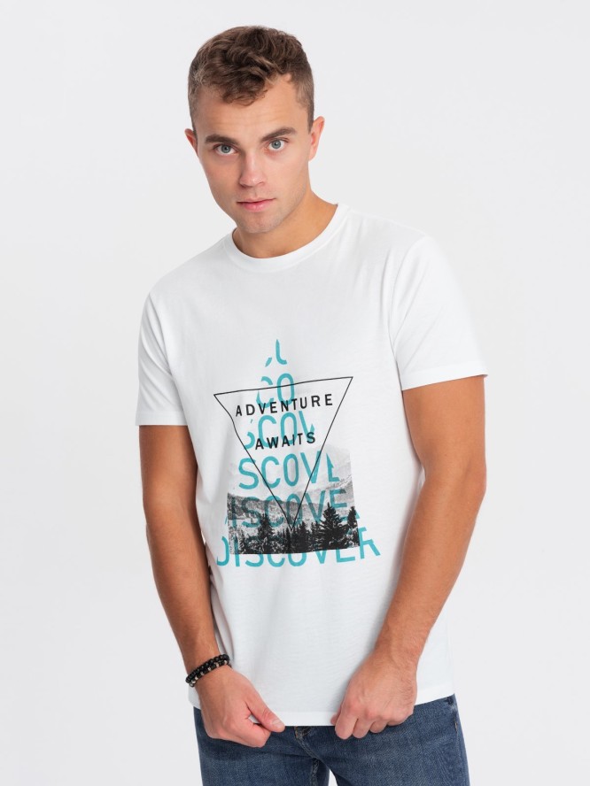 T-shirt męski bawełniany z nadrukiem - biały V1 OM-TSPT-0165 - XXL