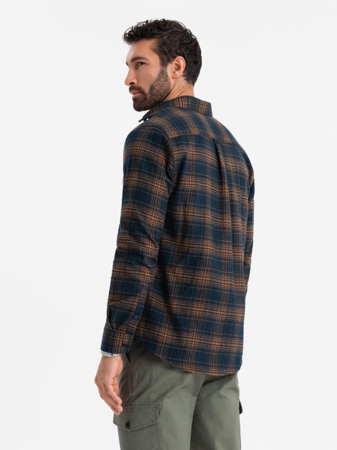 Męska flanelowa koszula w kratę - granatowo-pomarańczowa V7 OM-SHCS-0150 - XXL