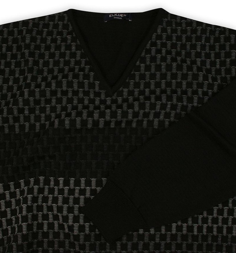 Sweter Czarny, Tłoczony Wzór Geometryczny, Dekolt w Serek (V-neck) -ELKJAER- Męski