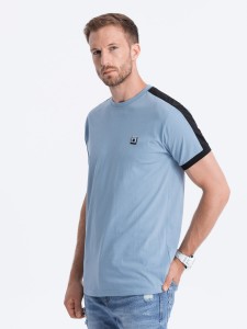 T-shirt męski bawełniany z kontrastującymi wstawkami - niebieski V3 S1632 - XXL