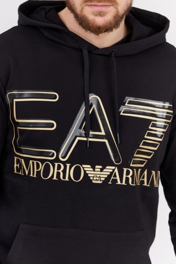 EA7 Czarna bluza męska z kapturem i złotym logo